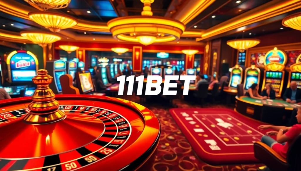 Experience the thrill of betting at 11BET's lively casino with engaging players, roulette, and bright slot machines.